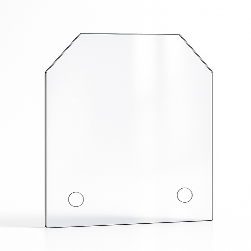 Cristal para chimenea eléctrica - Vidrio plano con 2 ángulos cortados con taladros - Capska Cristal para chimenea eléctrica - Vidrio plano con 2 ángulos cortados con taladros - Capska