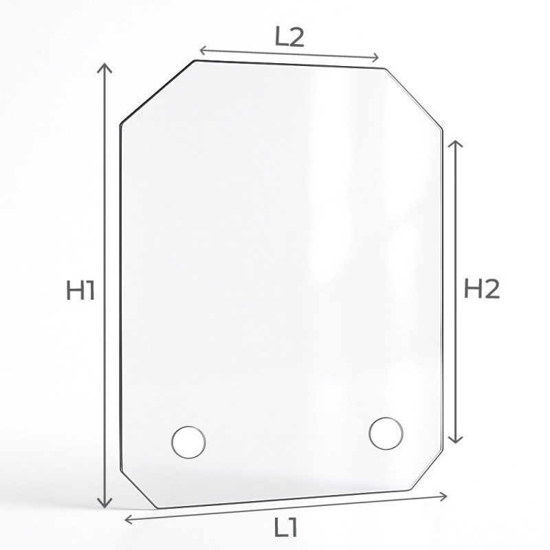 Vitre percée sur mesure forme 4 angles coupés schéma